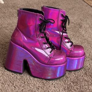 Demonia Purple Hologram Camel Platforms - Vegan Leather
